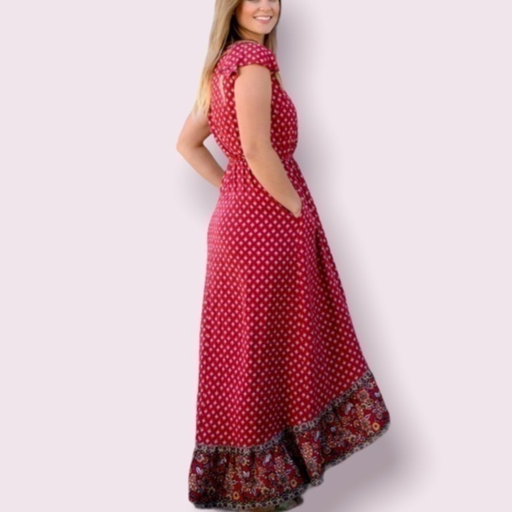 XHILARATION Rose Block Print Red Floral Wrapped Maxi Dress Sz XS EUC